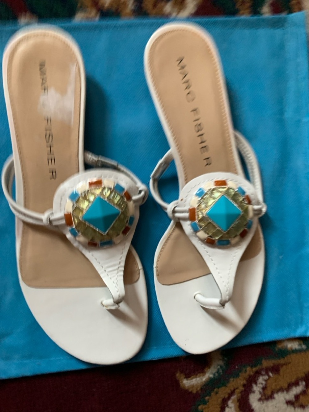 Marc Fisher White Thong Sandals with Turquoise & Gold Gem